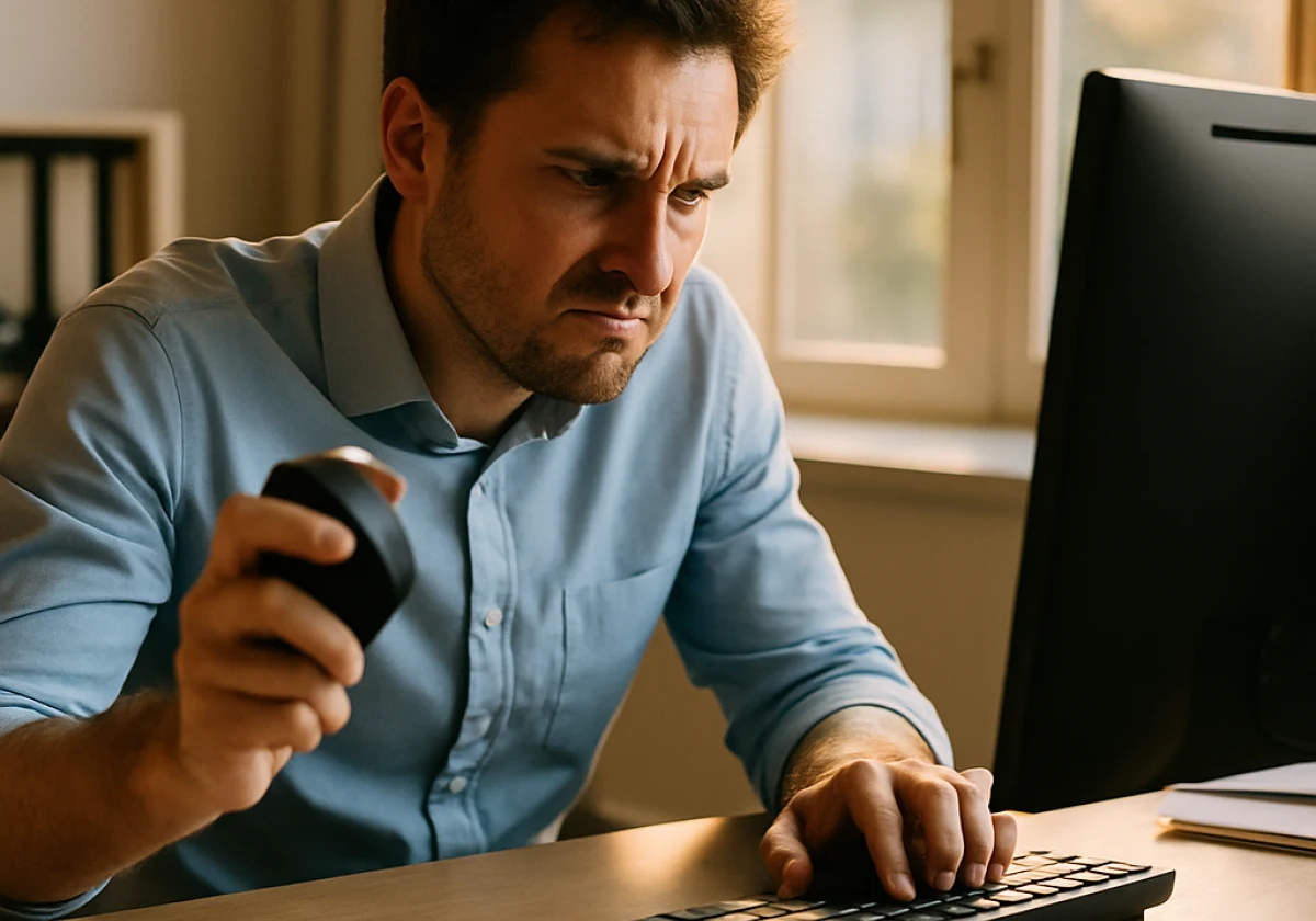 A frustrated office worker sitting at a desk