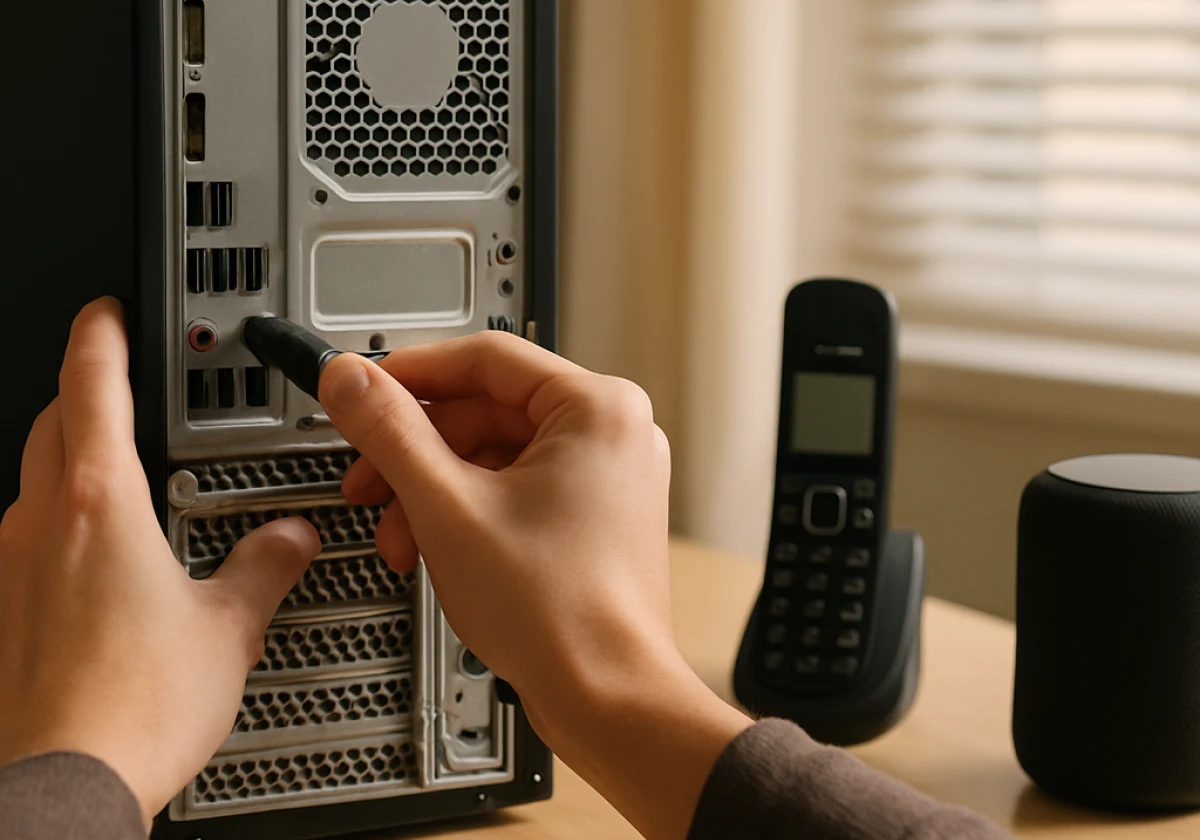 A person's hands reaching toward the back of a desktop computer tower
