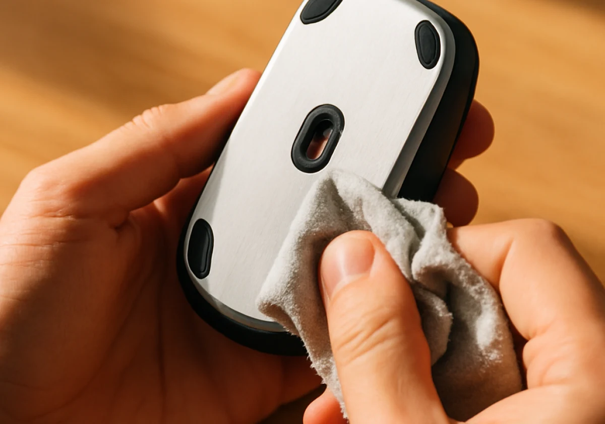Close-up photograph of hands holding a microfiber cloth wiping